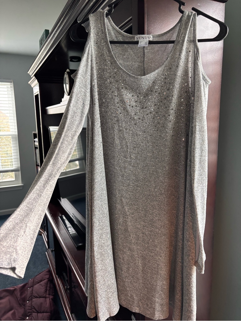 VENUS Silver Cold-Shoulder Long-Sleeve Dress with Rhinestones
